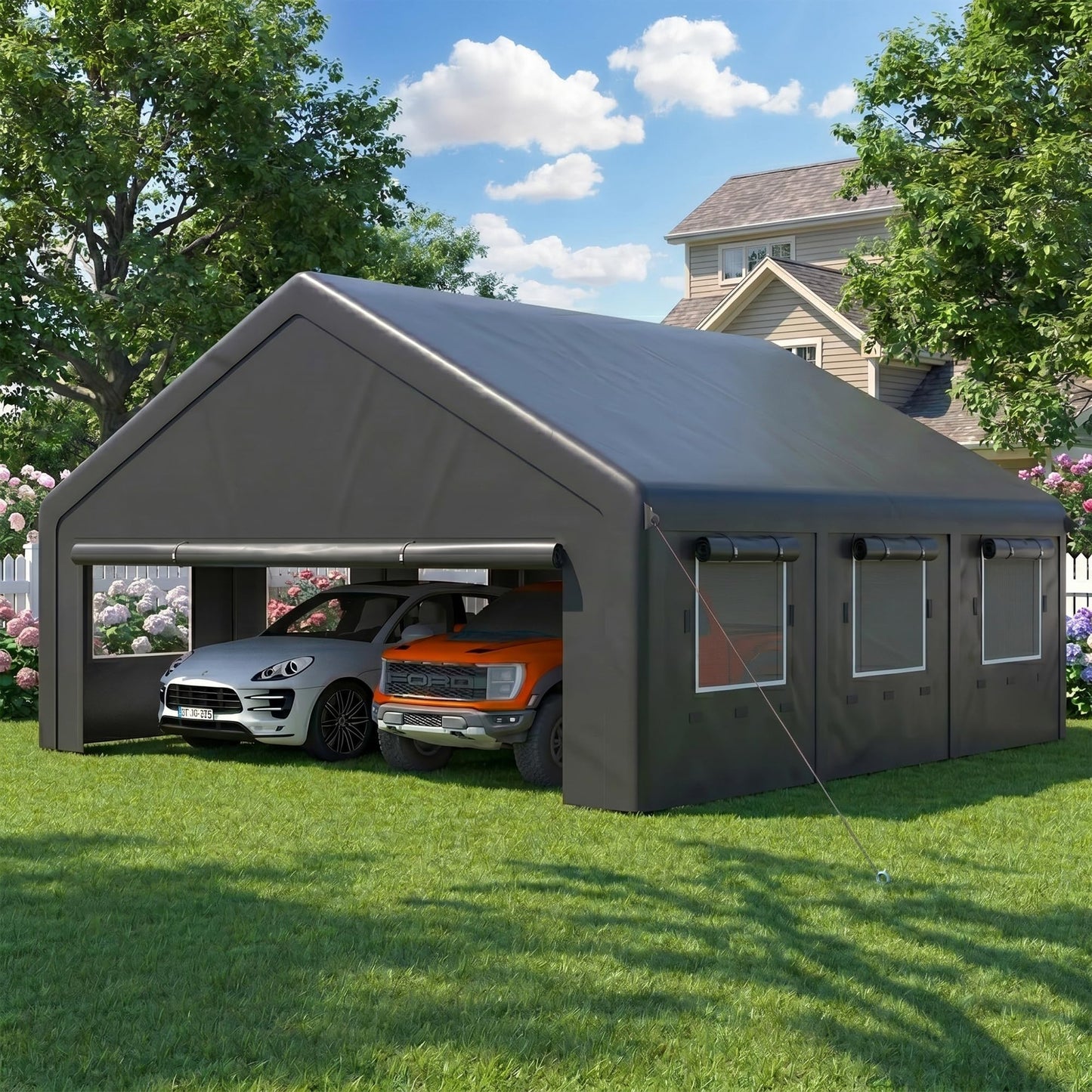 MNLR 20x20 FT Heavy Duty 2 Car Carport Canopy, Outdoor Portable Garage Shelter with 6 Mesh Windows, Removable Sidewalls, Galvanized Steel Frame, Waterproof UV Resistant Car Canopy Tent for Boat, SUV