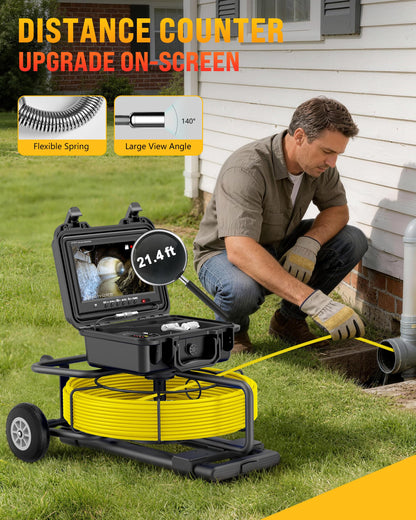 OKK Sewer Camera with 512Hz Locator, Professional 9" Self-Leveling Drain Camera 200ft, Distance Counter, 7mm Cable, Pull Handle, Wheels, IP68 Waterproof, DVR with Mic, 32GB Card, 5100mAh Battery
