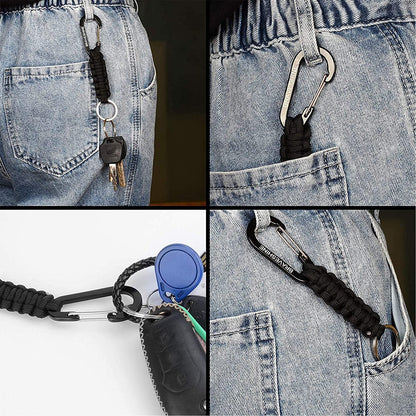BRAVESHINE Keychain Hook with Paracord Strap 2 Pack Black Metal Key Ring Carabiner Hanger Para Cord D Locking Keyring Clip for Keys, Backpacks, Boys, Girls, Men, Women, Camping, Hiking, Travailing