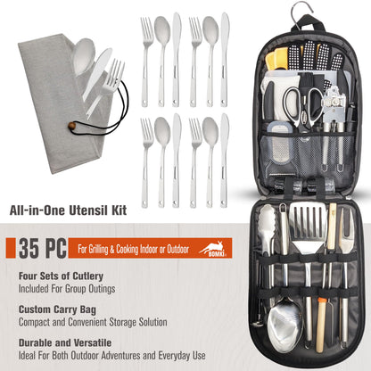 BOMKI Grilling & Camping Cooking Utensils - BBQ & Camping Kitchen Set - Cookware Accessories - Black Pro