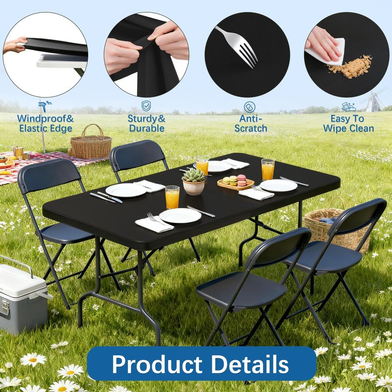 Lemict 6FT Picnic Black Spandex Table Cloth - 1 Pack Fitted Rectangle Tablecloth for Folding Tables, Washable Table Cover for Outdoor, Camping, Picnic, Banquet and Party(30" x 72")