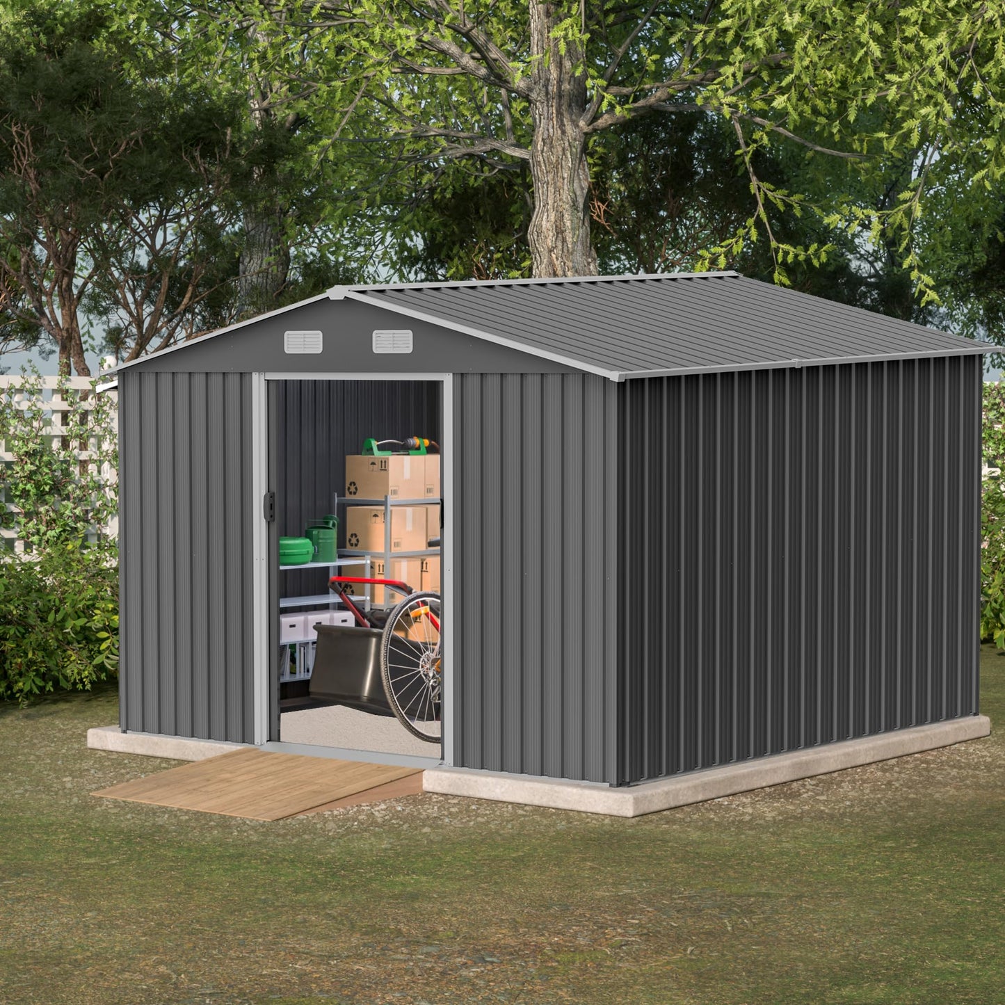10'x8' Galvanized Steel Outdoor Storage Shed with Top Air Vents, Lockable Sliding Double Door Large Garden Tool Organizer, Gray