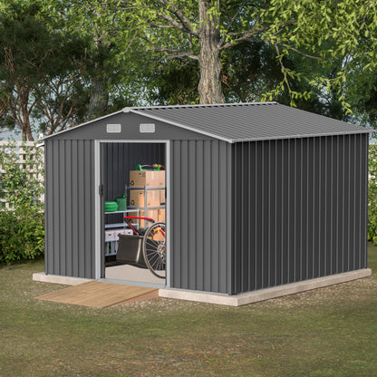 10'x8' Galvanized Steel Outdoor Storage Shed with Top Air Vents, Lockable Sliding Double Door Large Garden Tool Organizer, Gray