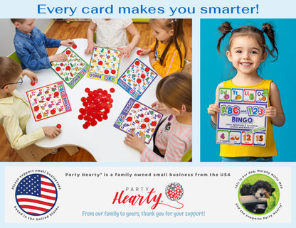 Party Hearty Alphabet and Number, ABC and 123 Bingo Board Game for Kindergarten and Preschool Kids Learn to Read Fun 2 Versions for Ages 4 and Up (Food Edition)