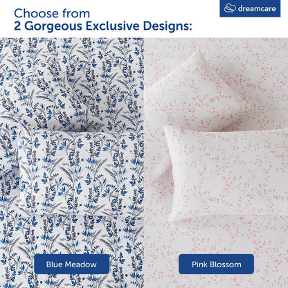 DREAMCARE Full Size Sheets - Cooling Sheets - 4pcs Set - up to 15" Deep Pocket Full Sheet Set - Sheets Full Size Bed - Soft & Long Lasting 100% Fine Brushed Polyester with Side Pocket Floral Blossom