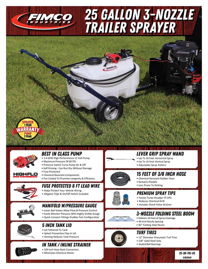 FIMCO 5303649 25-Gallon Trailer Sprayer, 2.4 GPM Pump, 3-Nozzle Boom, Durable, High-Pressure Lawn & Garden Sprayer, DU-Most Hand Scrub & Cleaner, 4 oz
