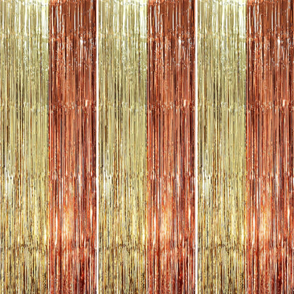 Voircoloria 3 Pack Foil Fringe Backdrop Curtains - 3.3 x 8.2 ft Rose & Champion Tinsel Streamers for Parties