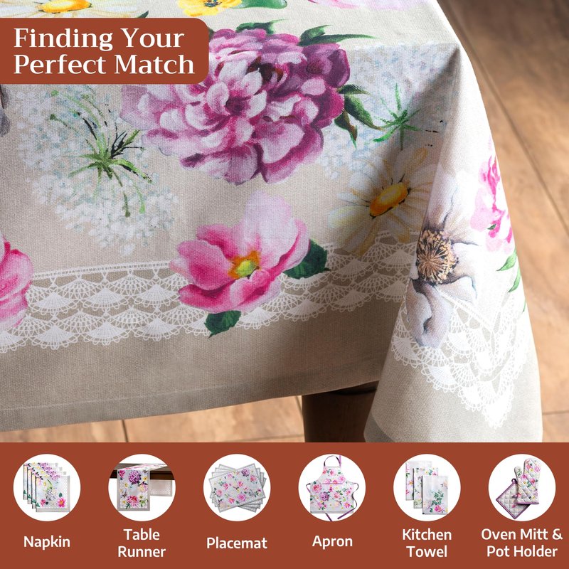 Maison d' Hermine Table Cloth Rectangle Table 100% Cotton 60 x 108 Inches Tablecloth Reusable Decorative for Dining Kitchen Room Farmhouse Home Gifts for Mothers Day Spring Summer - Pivoine