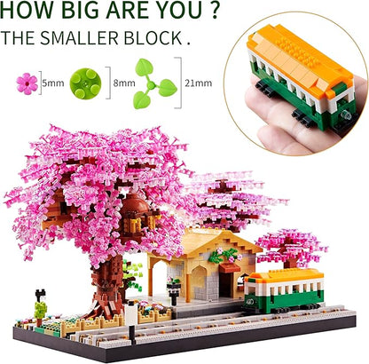 Japanese Cherry Blossom Train Station Micro Building Blocks Set - Creative Mini Bricks Model Kit for Adults (3668 PCS) with Figures
