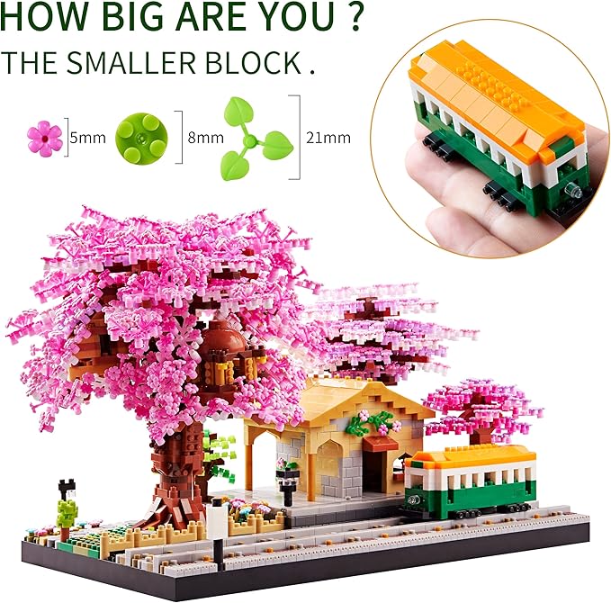 Japanese Cherry Blossom Tree Flower House Micro Building Blocks Set for Adults Bus Station Mini Bricks Model Treehouse Decorative Architectural