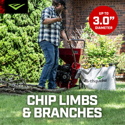 Earthquake 33968 K32 Chipper Shredder, Heavy Duty 212cc 4 Cycle Viper Engine, Chip Branches up to 3” in Diameter, 20:1 Reduction, Airless Wheels, Included Debris Bag, Red