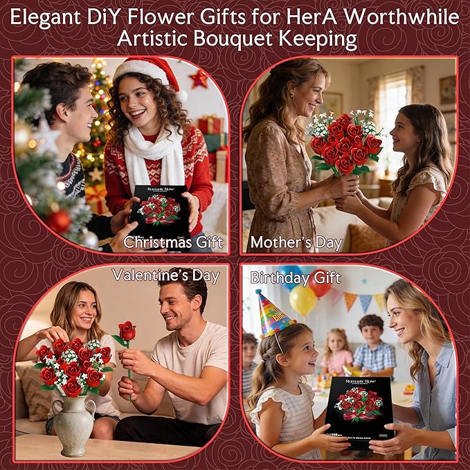 Red Rose Flowers Bouquet Building Set - Valentine's Day Gift Compatible with Lego Flowers for Adults Women Collection Christmas Mother's Day Valentine's Gifts Home Decor