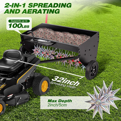 Suchtale Upgrade 40-Inch Tow Behind Spiker Seeder,Combination Tow Spike Aerator,Broadcast Spreader,Steel Hopper Lawn Drop Seed Fertilizer and Spreader,Lawn Soil Aerator Spikes Tractor
