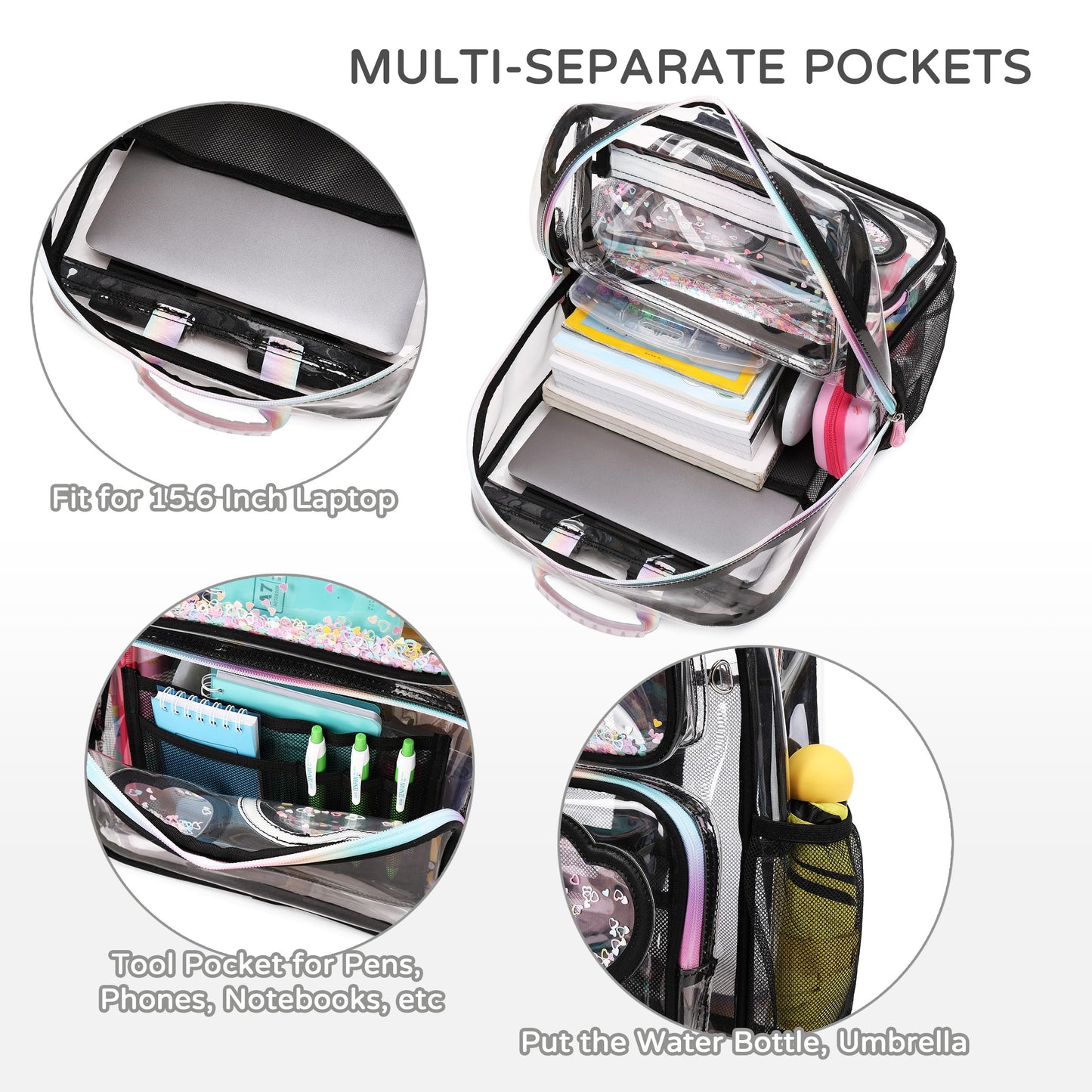 KIDNUO Clear Backpack for Girls,Clear Bookbag Heavy Duty Transparent Backpacks for Stadium Events, See Through Back Pack for Kindergarten Elementary Middle High School (Black)