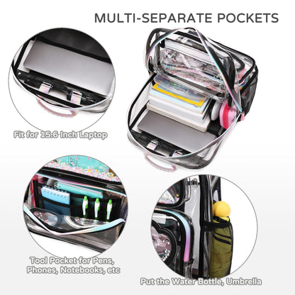 KIDNUO Clear Backpack for Girls,Clear Bookbag Heavy Duty Transparent Backpacks for Stadium Events, See Through Back Pack for Kindergarten Elementary Middle High School (Black)