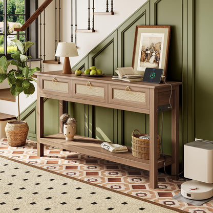 SUPERJARE Rattan Console Sofa Table with Outlets and USB-C Port, 3 Drawer Entryway Table with Synthetic Rattan Surface, Open Shelf, Behind Couch Entry Foyer Hallway Storage, Brown