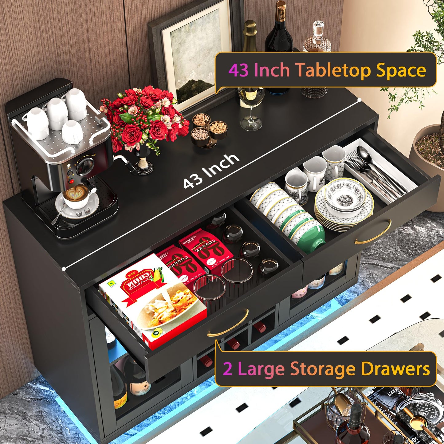 knoworld Wine Bar Cabinet with LED Lights, Coffee Bar Cabinet with Wine and Glass Rack, Black Bar Cabinet Liquor Cabinet, Kitchen Buffet Sideboard with Storage for Living Room, Dining Room