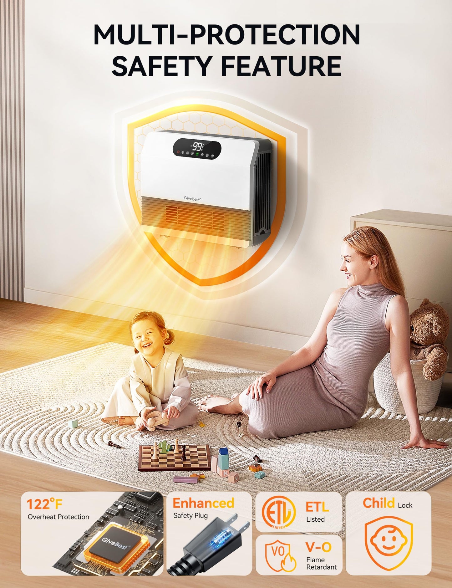 GiveBest Electric Wall Heater, Space Heaters for Indoor Use, 1500W Smart Heater with Adjustable Thermostat, Remote Control, Works with Alexa, 12H Timer Heat for Bedroom Office Home Garage RV, White