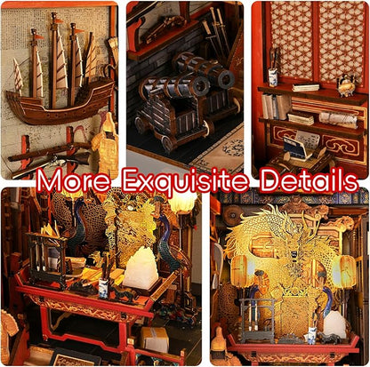Book Nook Kit DIY Dollhouse Booknook Book Nook Miniature Kit for Bookshelf Insert Decor Crafts for Adults Teen Halloween 3D Wooden Puzzle with Led Light (The Emperor's Study)