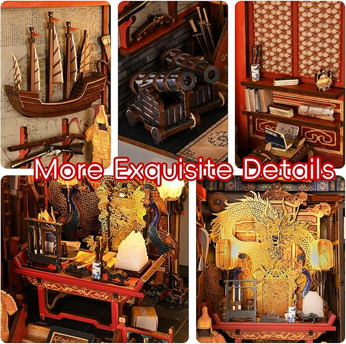 Book Nook Kit 3D Wooden Puzzle for Teens and Adults DIY Miniature Dollhouse Booknook Kit Bookend Bookshelf Insert Decor with LED Light (The Emperor’s Study)