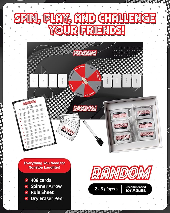Random Spinner-Based Word Challenge Board Game for 18+ Funny Games Creative Strategy Party Game Spins Creative Wordplay and Card Actions Funny Gen Z College Party Group Player 2–8 Players