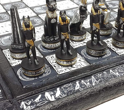 Egyptian Anubis Chess Set Black Silver and Gold Men with 16 Hieroglyphic Board