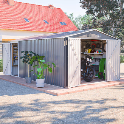 10'x14' Galvanized Steel Outdoor Storage Shed with 3 Lockable Hinged Doors & Side Access Door, 4 Top Air Vents & Built-in Raised Floor Frame, Large Garden Tool Shed, Gray