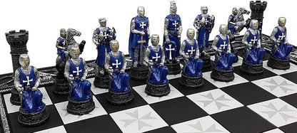 HPL Medieval Times Crusades Blue and White Armored Maltese Knights Chess Set with 17 Board