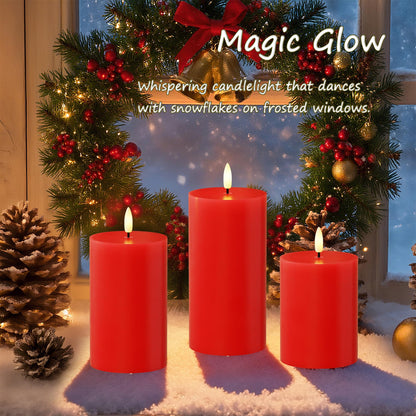 JOIONE Flameless Pillar Candles with Remote, 3 Pack Battery Operated Real Wax LED Candles, Perfect for Home Decorations Fireplace Table, Red