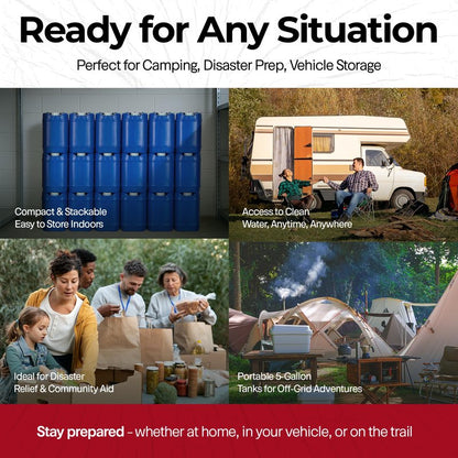 Legacy Food Storage Emergency Water Storage Containers, Long Term 5 Gallon Water Tank - 2 Stackable Food Grade Tanks Included, for Camping, Prepping, Survival - 10 Gallon Total Capacity