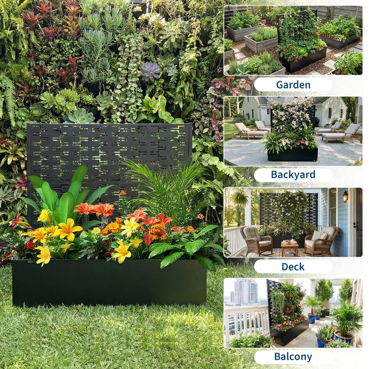 Privacy Planters for Patio, Metal Raised Garden Bed with Trellis and Privacy Screen, 46" x 45" x 15" Planter Box with Drainage Holes for Climbing Plants, Vegetables, Vines, Outdoor Backyard Black
