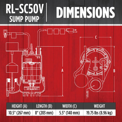 Red Lion RL-SC50V Submersible Water Pump, Heavy Duty Automatic Sump Pump with Vertical Float Switch, 1/2 HP, 4300 GPH, Cast Iron