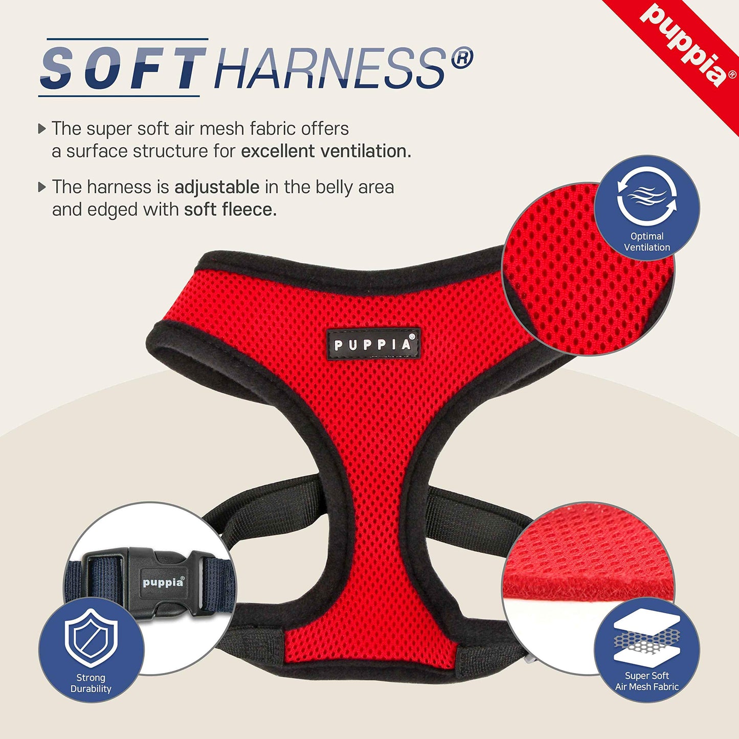 Puppia Soft Dog Harness No Choke Over-The-Head Triple Layered Breathable Mesh Adjustable Chest Belt and Quick-Release Buckle, Beige, Medium