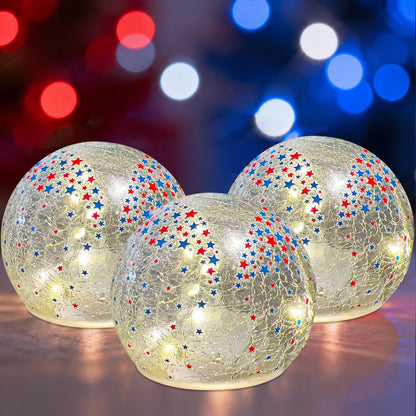 3PCS Independence Day Decorative Lights, 3.93-inch Independence Day Desktop Decoration LED Night Light, Cracked Glass Ball Light with Timer, 4th of July Decoration (Small Five-Pointed Star)