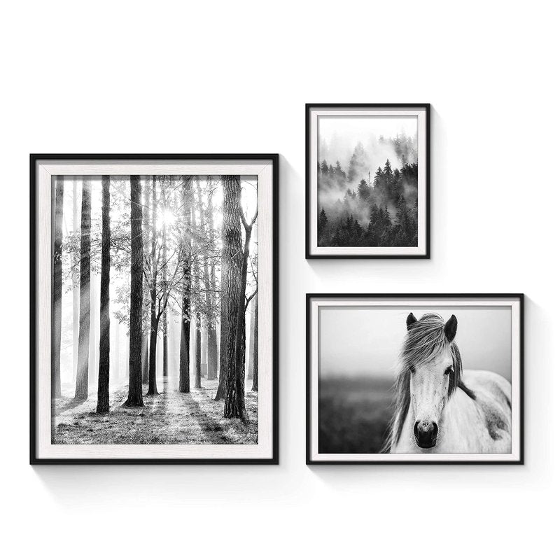 Forest Sunrise Pictures Framed Prints - Peaceful Landscape Scene and Elegant White Horse Wall Art Sets for Living Room, Bedroom, Office, Bathroom 3 Panels