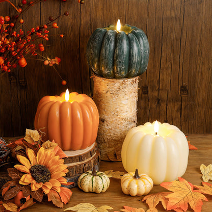 JOIONE Fall Flameless Led Pumpkin Candles with Remote, Real Wax Pumpkin Shaped Battery Operated Flickering Candles with Timer for Thanksgiving Decor, Fall Harvest Decor, Halloween Decorations, Ivory