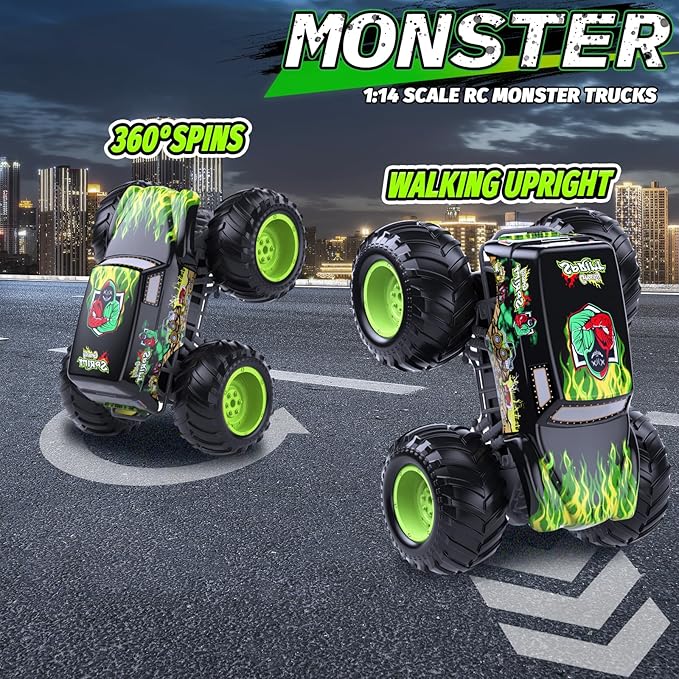 Amphibious Remote Control Monster Truck for Kids Self-Balancing 4WD Stunt RC Truck with Wheelie Action Waterproof All-Terrain Off-Road Big Tire Toy Car for Boys Girls Ages 6–12 Pool Gift