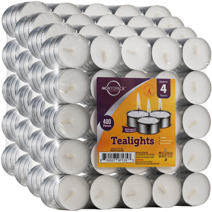 MontoPack Unscented Tea Light Candles 400 Pack | 4 Hours, White, Smokeless, Dripless Small Votive Paraffin Tealights | Long-Lasting for Home, Shabbat, Weddings, Events, Emergencies | Mini Candles Bulk