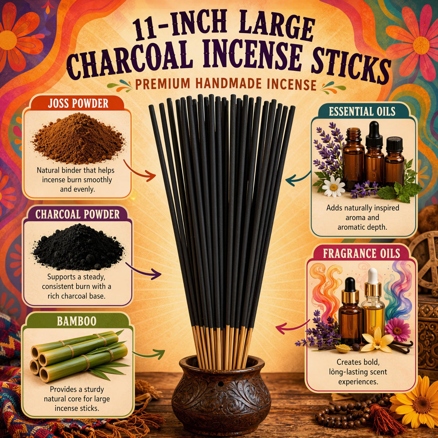 White Tea and Thyme Incense Sticks 11" - 1 Bundle 85 to 100 Sticks - Smooth and Clean Long Burn Time, 45 to 60 Minutes.