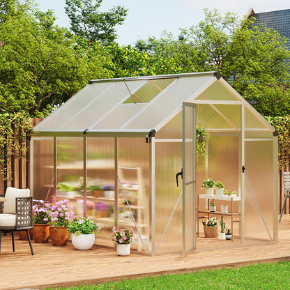 6X8FT Greenhouse, Aluminum Polycarbonate Outdoor Green House, Green Houses for Outside with Sliding Doors, Ajustable Roof Vent, Withstands Bad Weather for Garden, or Backyard, Silver
