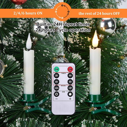IMAGE 12Pcs LED Taper Candles Light Set Flameless 3D Wick Ivory Candles with Clip-on Christmas Tree Design, 10-Key Remote with Timer, Warm White Light, Battery Operated for Versatile Decoration