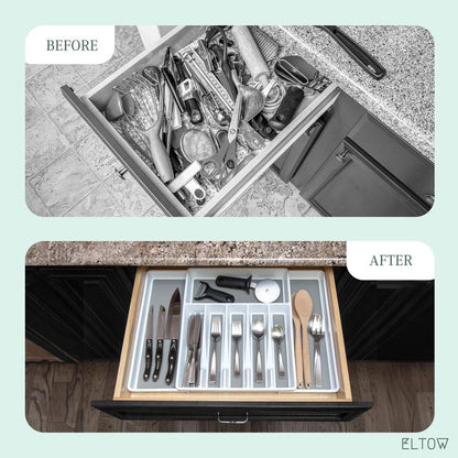 ELTOW Large Expandable Silverware Drawer Organizer, 8 Compartment Non-Slip & Adjustable Silverware Organizer for Drawer, Kitchen Organization for Utensils, Cutlery, Silverware Tray (White)