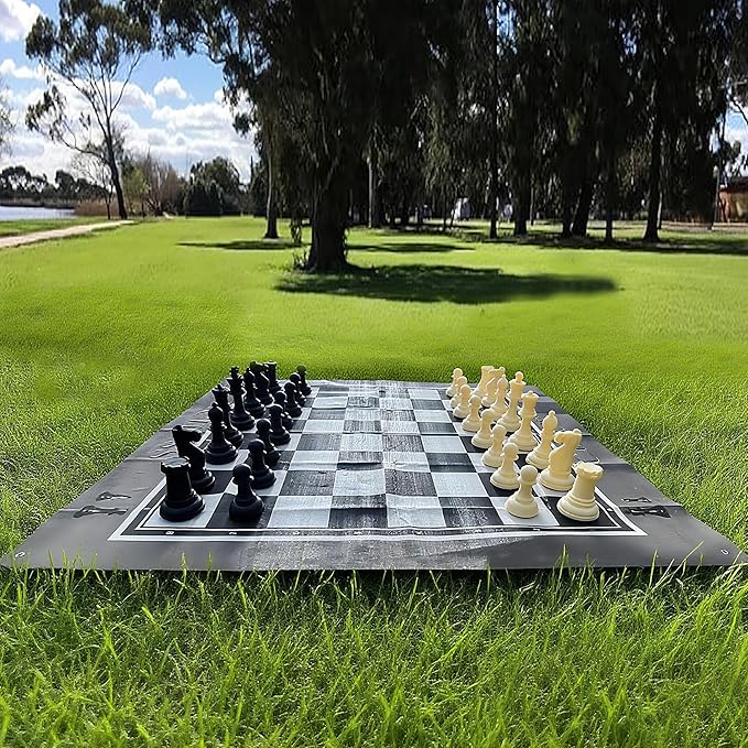 King Size Giant Chess Set with 10 Inch Pieces - Oversized Plastic Chess Game for Indoor/Outdoor Use with Waterproof Mat and Storage Box for Kids Adults Family Fun