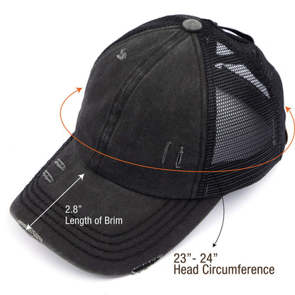 C.C Exclusives Washed Distressed Cotton Denim Criss-Cross Ponytail Hat Baseball Cap Bundle Hair Tie (BT-780) (Black)