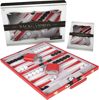 Premium Backgammon 15 Inches Medium Red - Backgammon Sets for Adults and Kids - Leatherette Back Gammon Board Game Set - Travel Backgammon Set Board Encased with Accessories