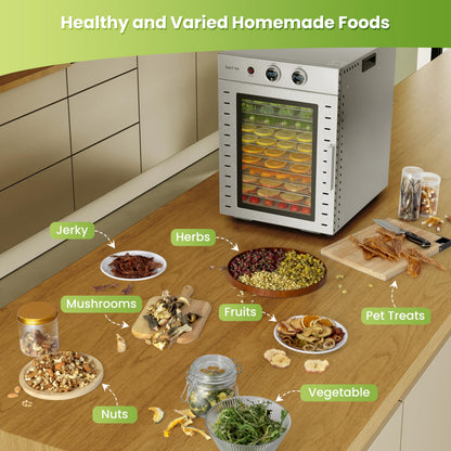 Food Dehydrators Machine with 12 Stainless Steel Trays with Timer Setting Temperature Adjusted 68 ℉ to 194 ℉ Dryer for Herb Fruit Meat Vegetables Mushroom Beef for Commercial Household Dark Black