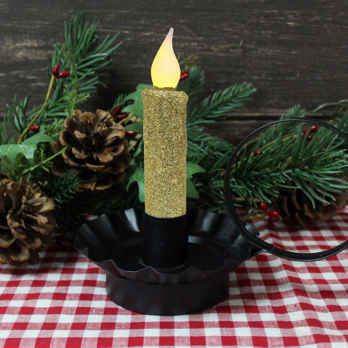 CVHOMEDECO. Glitter Flameless Candles Flickering Battery Operated LED Taper Candles with Timer for Home, Wedding, Halloween, Christmas Decor. Gold, 4-3/4 Inch, Set of 3