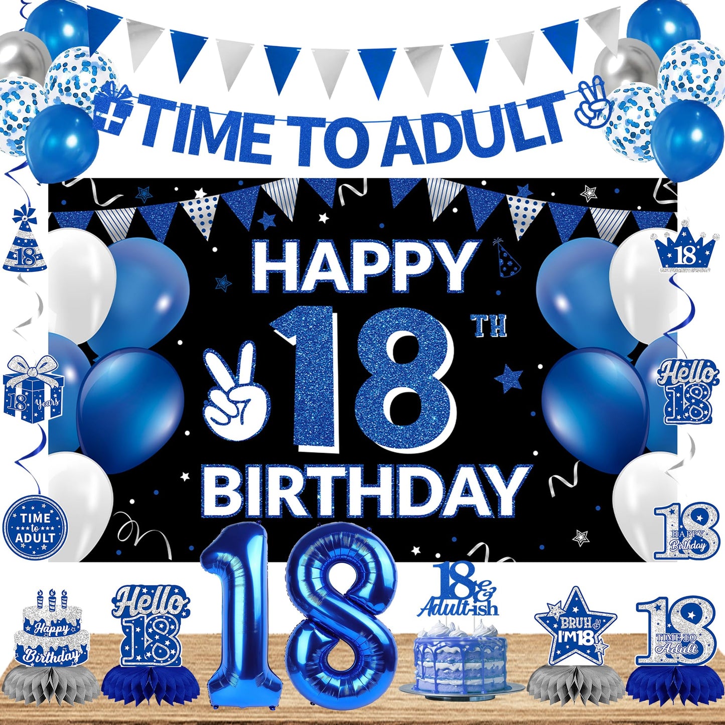 DARUNAXY 18th Birthday Party Decorations for Boys Girls, Blue Time To Adult 18 Banner, 18 Number Balloons & Cake Topper, Cheers To 18 Years Old Birthday Honeycomb Hanging Swirl Confetti Balloons