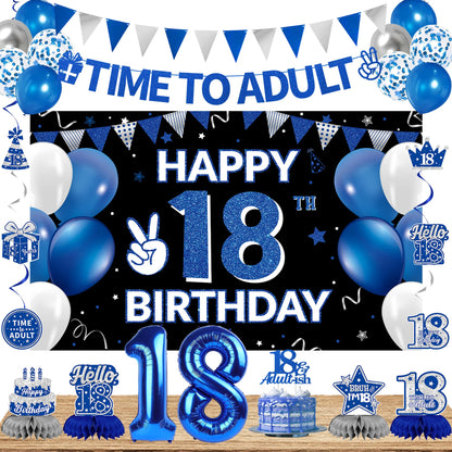 DARUNAXY 18th Birthday Party Decorations for Boys Girls, Blue Time To Adult 18 Banner, 18 Number Balloons & Cake Topper, Cheers To 18 Years Old Birthday Honeycomb Hanging Swirl Confetti Balloons
