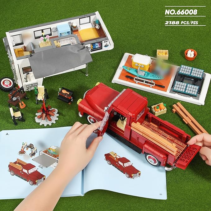 Car Building Block 2-in-1 Camper Van Building and Farm Pickup Truck Building Set Toy for Adult Retro Rvs Building Block Kit Set 2188pcs